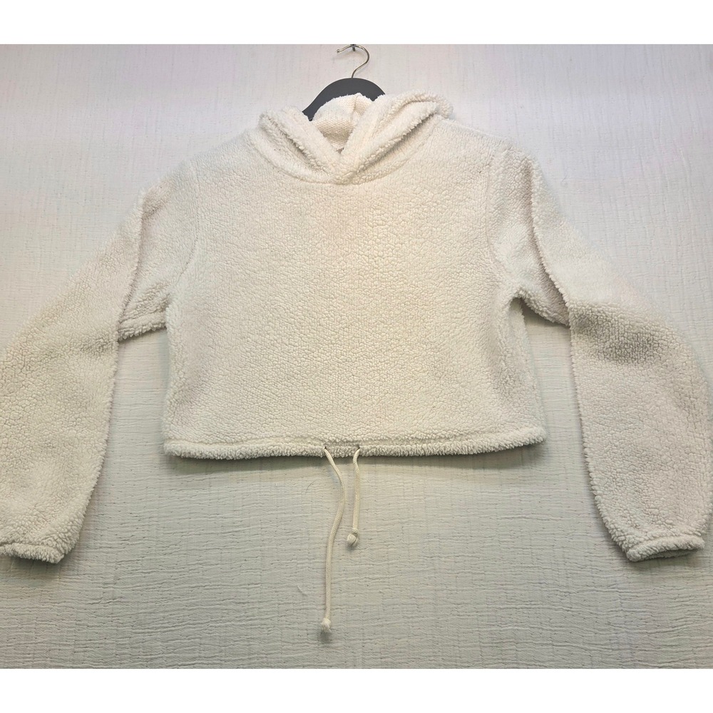Wild Fable‎ Womens XS Cream Sherpa Faux Fur Cropped Hoodie Pullover Drawstring